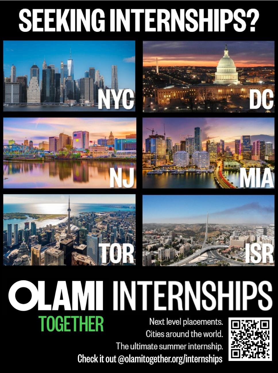 Domestic Internships — cities including NYC, DC, NJ, Miami, Toronto, and Israel
